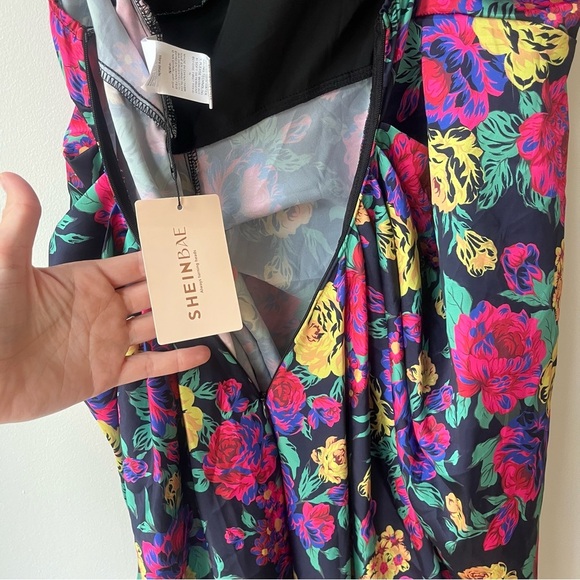 SHEIN BAE Curve 1XL Floral Satin Midi Slip Dress Black Multicolor Ruched - Picture 7 of 9